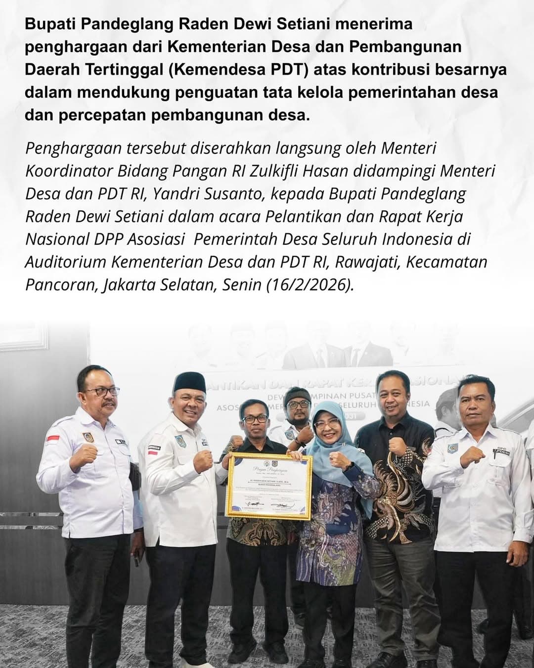 Dukung Tata Kelola Pemerintahan dan Percepatan Pembangunan Desa, Bupati Dewi Setiani Diganjar Penghargaan Dari Kemendesa PDT RI