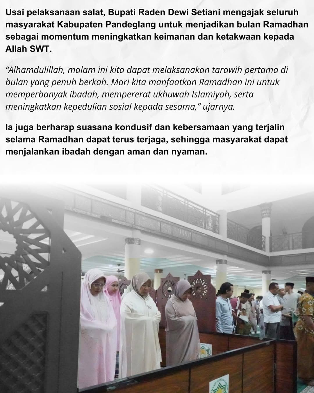 Bupati Pandeglang Laksanakan Tarawih Pertama Ramadhan 1447 Hijriyah di Masjid Agung Ar-Rohman