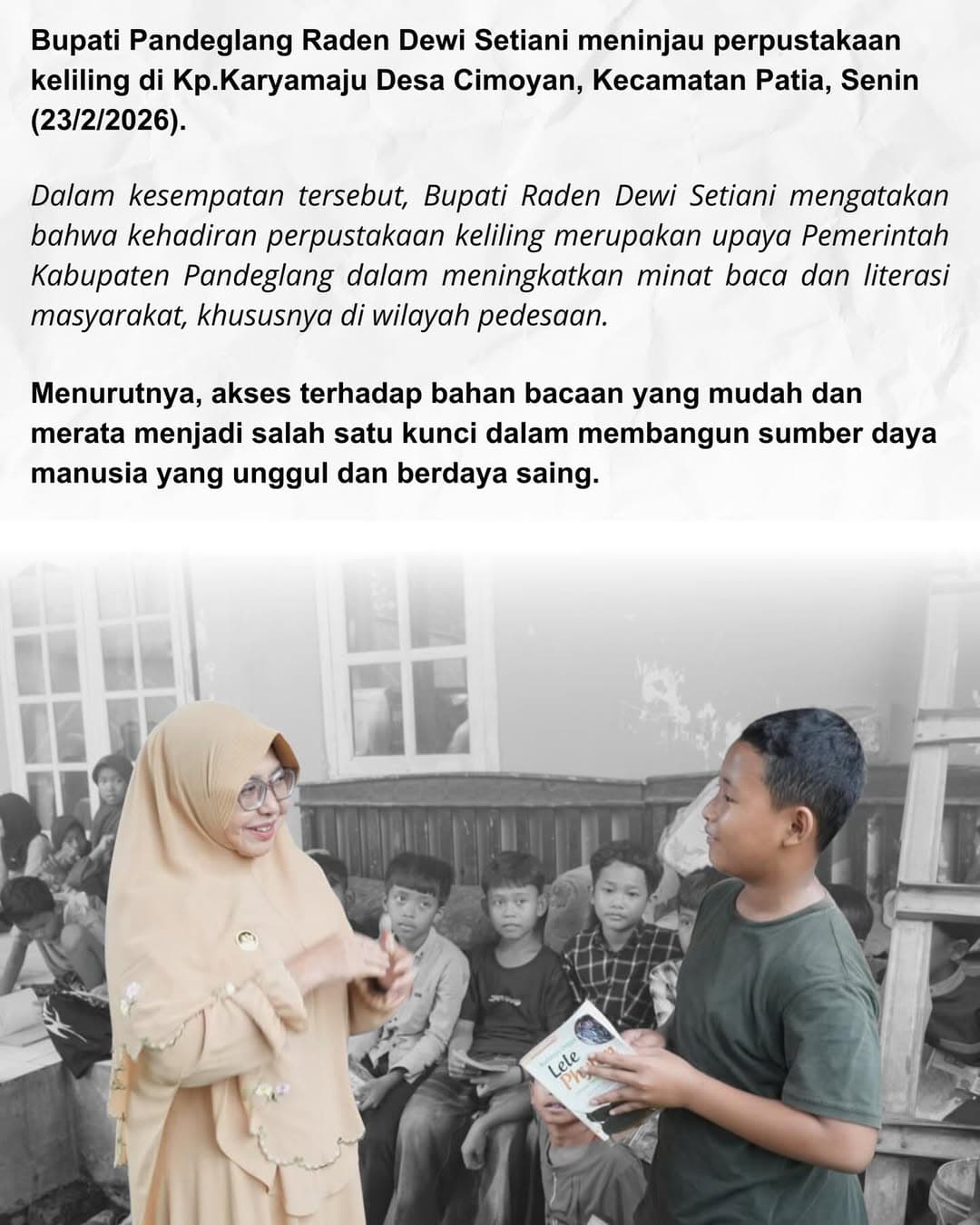 Tinjau Perpustakaan Keliling, Dewi Ajak Warga Tingkatkan Gemar Membaca